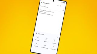 A phone on an orange background showing Duet AI