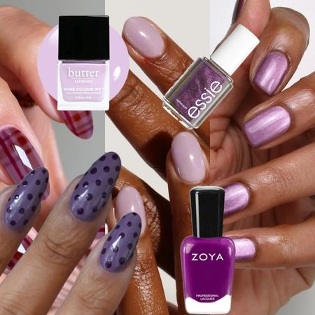 collage of purple nail designs on five different hands with bottles of nail polish with black or white tops