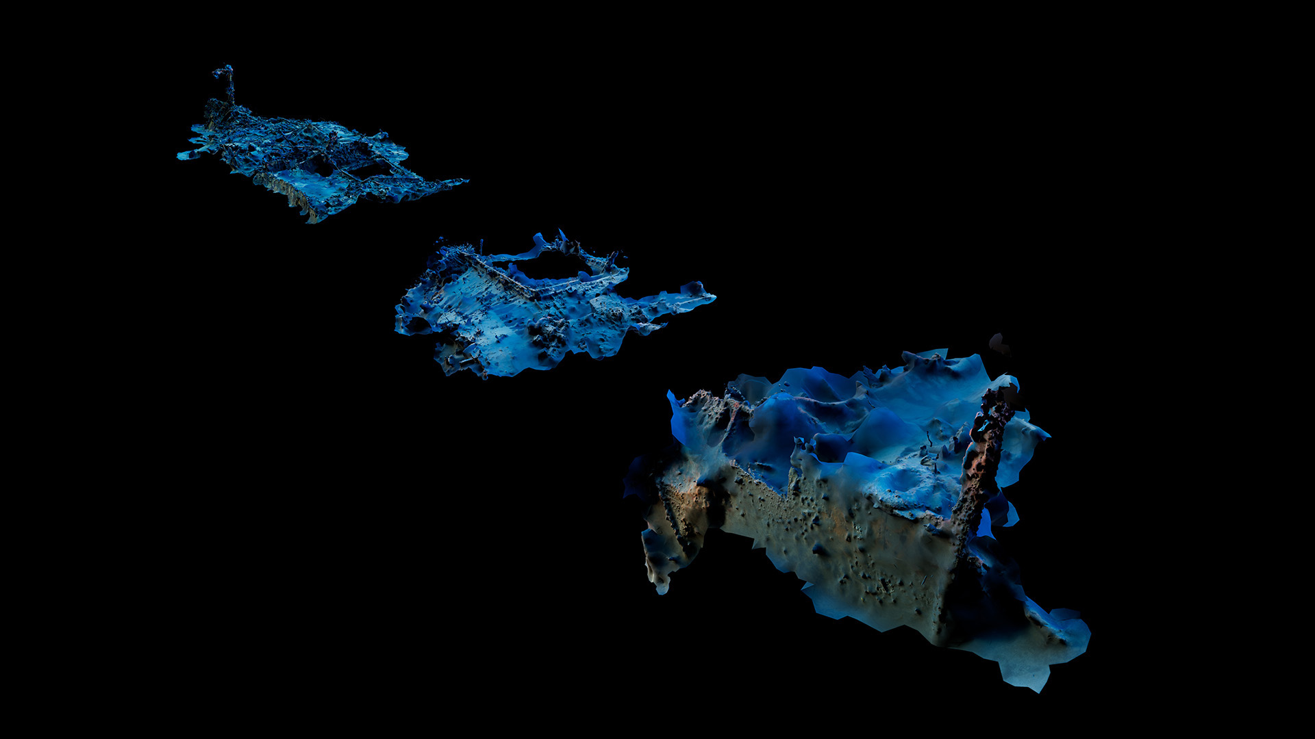 3D maps of shipwrecks found in the bottom of the ocean, with blue areas showing 3D ship reconstruction on the bottom of the seafloor against a black background