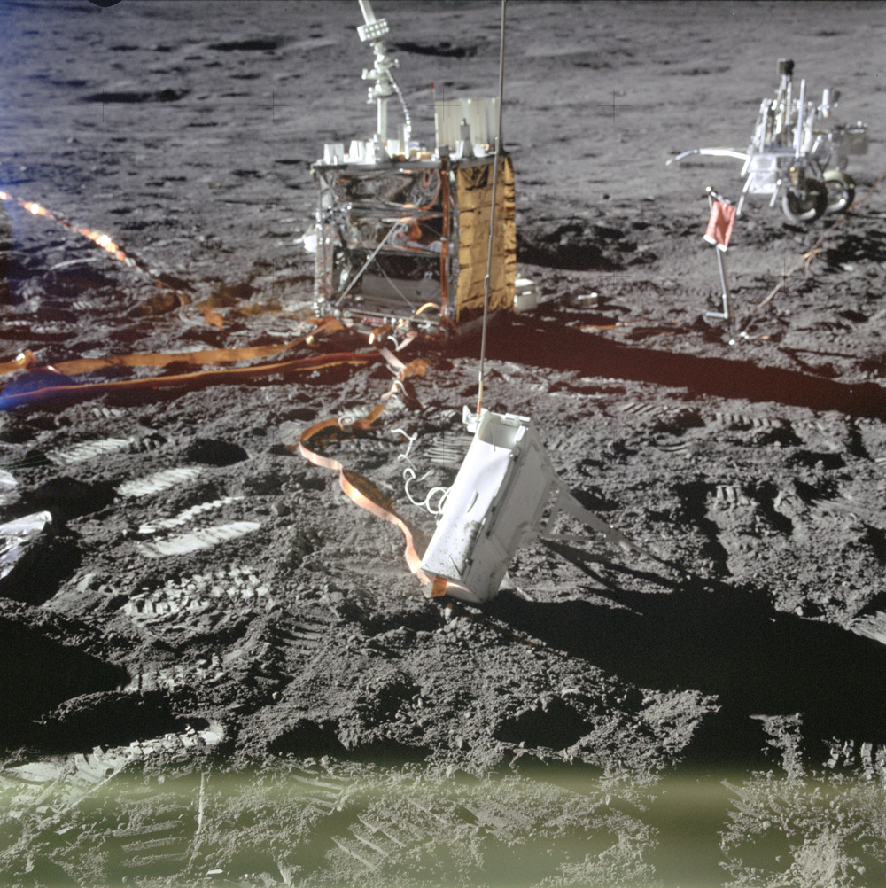 A close-up view of two components of the Apollo Lunar Surface Experiments Package (ALSEP) deployed by Apollo 14 astronauts during their first moonwalking excursion.