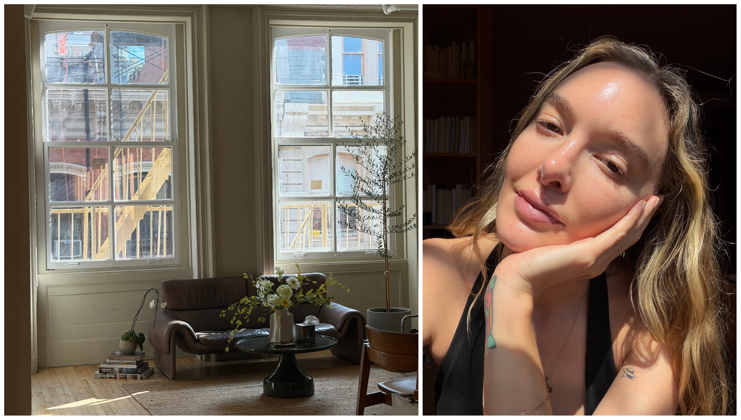 the left features a NYC loft apartment, the right is a woman leaning on her hand with the sun on her face