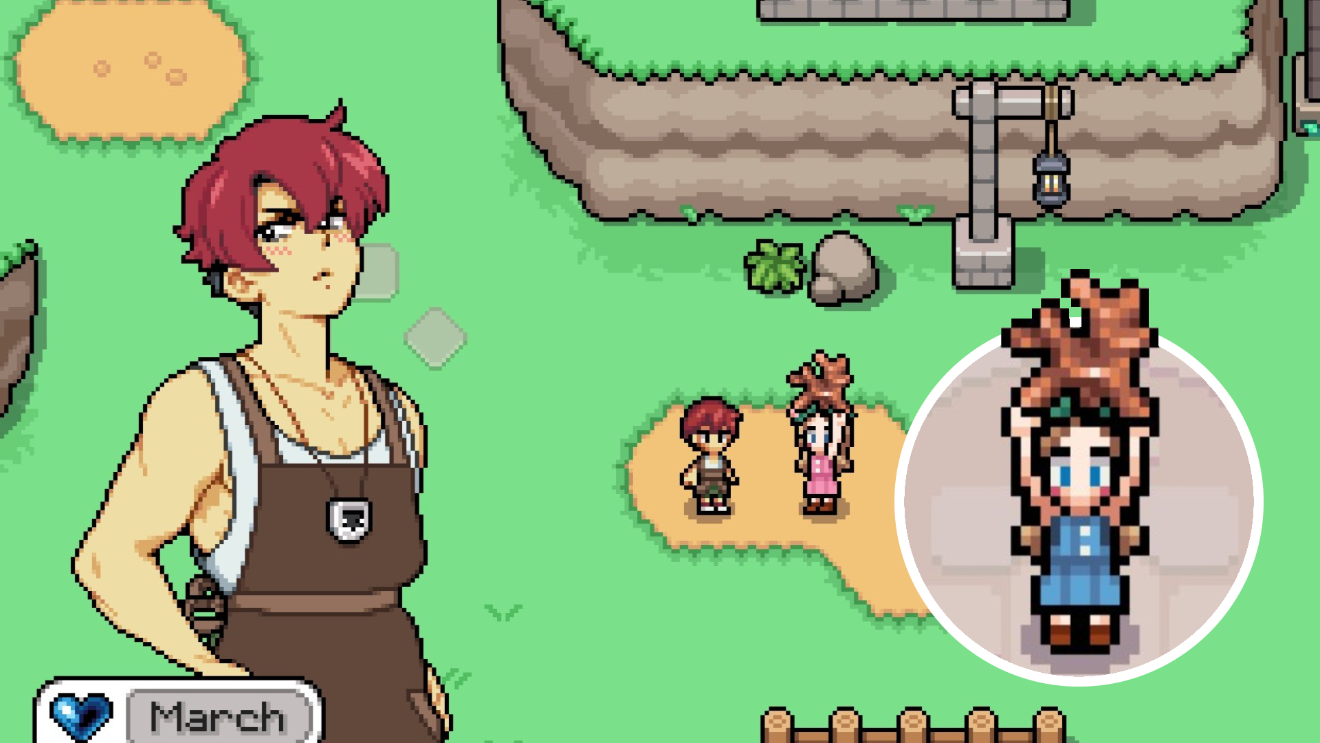 Fields of Mistria - March looks embarassed while a player hands him a perfect copper ore. In an overlay, a player holds up a perfect copper ore, a spikey orange metallic item.