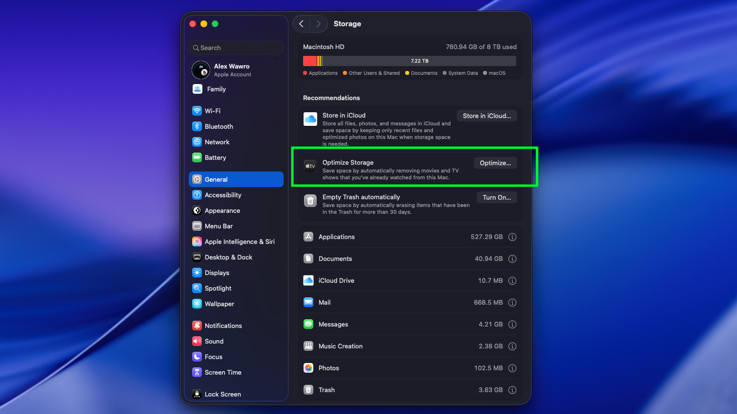 Freeing up space in macOS using the Optimize Storage tool
