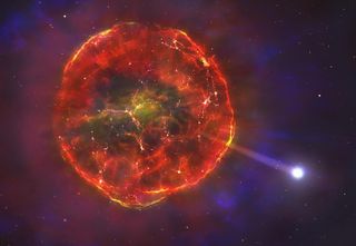 Illustration of a white dwarf blasting out of a supernova