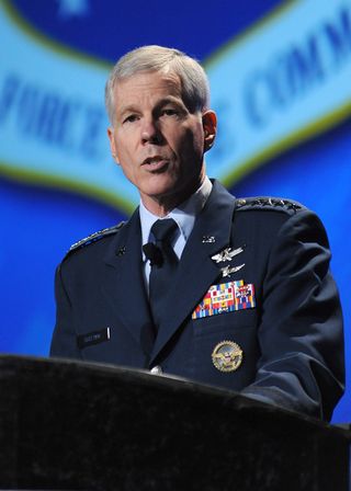 U.S. General William Shelton, commander of Air Force Space Command, underscored the worrisome issue of orbital debris during a presentation at the National Space Symposium on April 12, 2011.