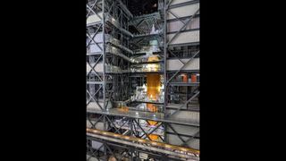 NASA's Space Launch System rocket being readied for a roll-out ahead of its test flight to the moon later this year.