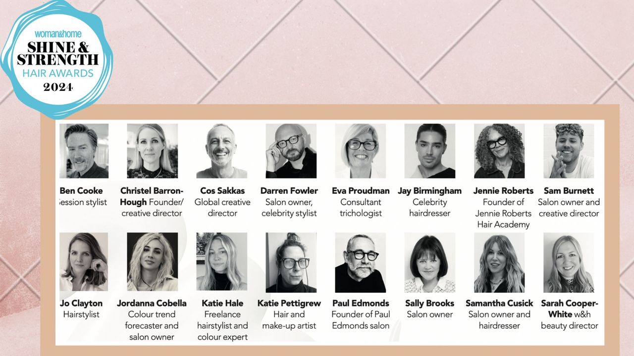 On a cream tile background, there are headshots of all 16 judges for the woman&amp;home hair awards 2024