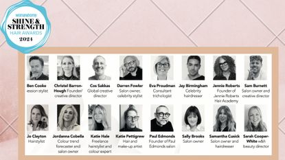 On a cream tile background, there are headshots of all 16 judges for the woman&home hair awards 2024