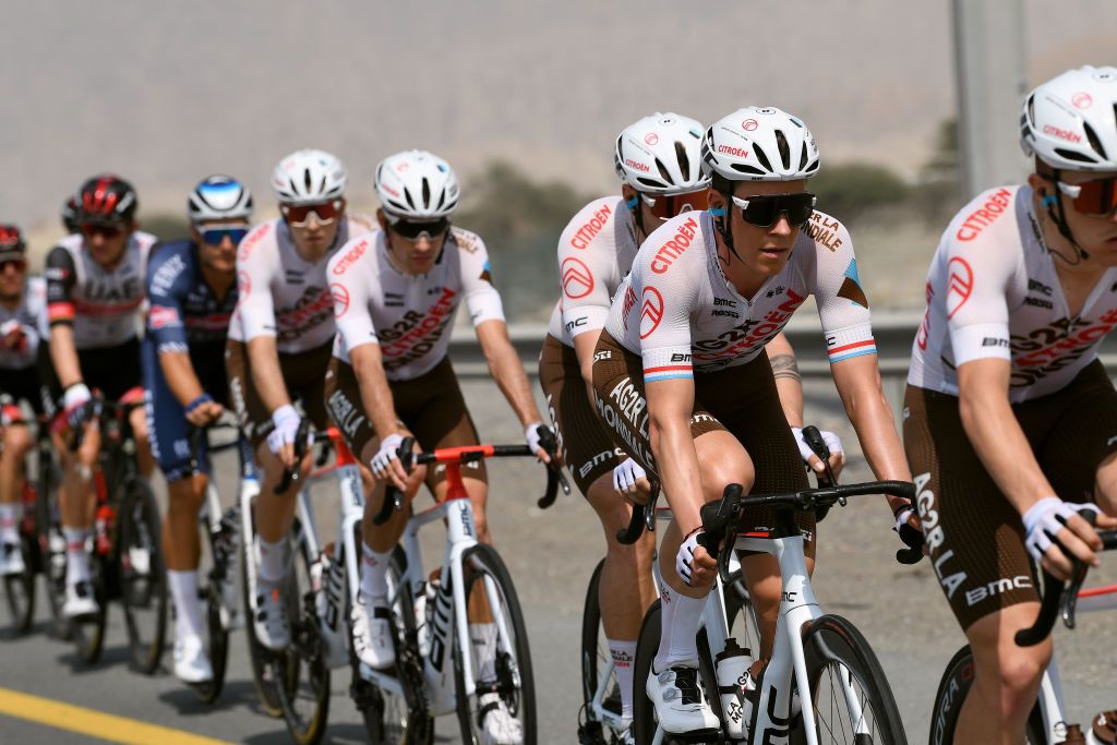 AL MARJAN UNITED ARAB EMIRATES FEBRUARY 24 Bob Jungels of Luxembourg and AG2R Citren Team competes during the 4th UAE Tour 2022 Stage 5 a 182km stage from Ras al Khaimah Corniche to Al Marjan Island UAETour WorldTour on February 24 2022 in Al Marjan United Arab Emirates Photo by Tim de WaeleGetty Images