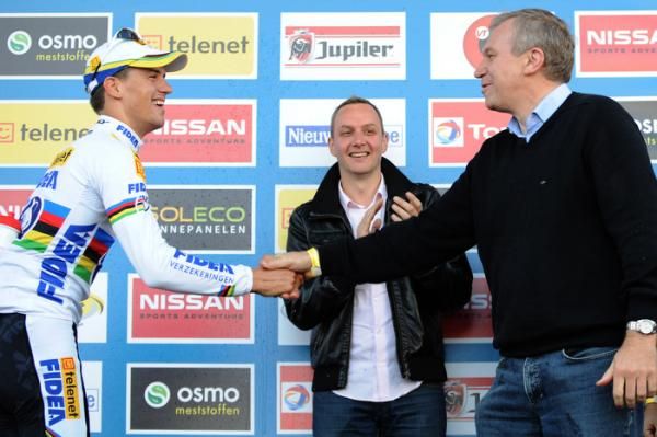 Zdenek Stybar (Telenet Fidea) celebrates on the podium in Ruddervoorde