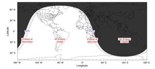 A map shows the area where the penumbral lunar eclipse of May 25, 2013, will be visible on Earth.