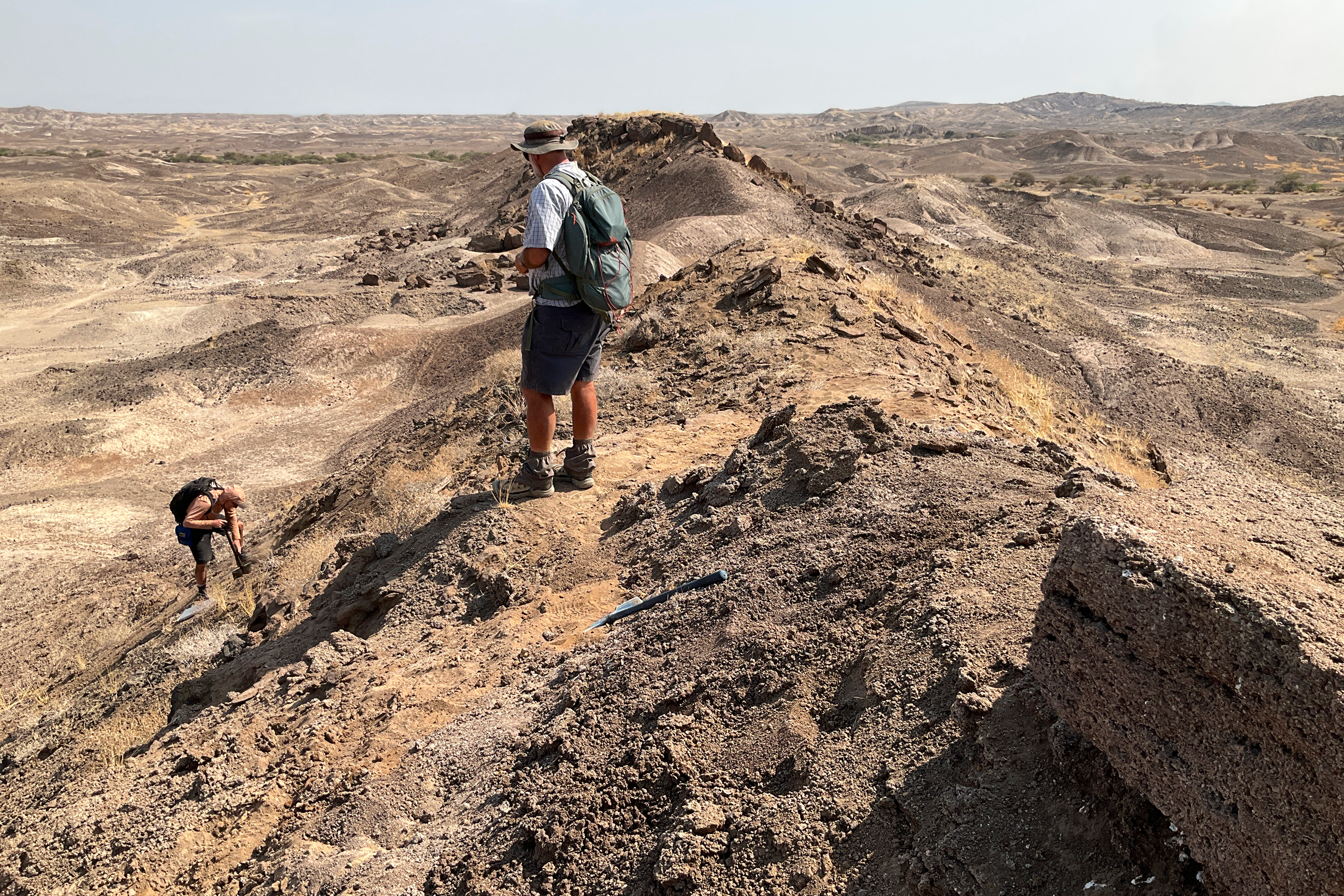 Study authors J. Ramón Arrowsmith and Christopher J. Campisano examine the geology of the area.