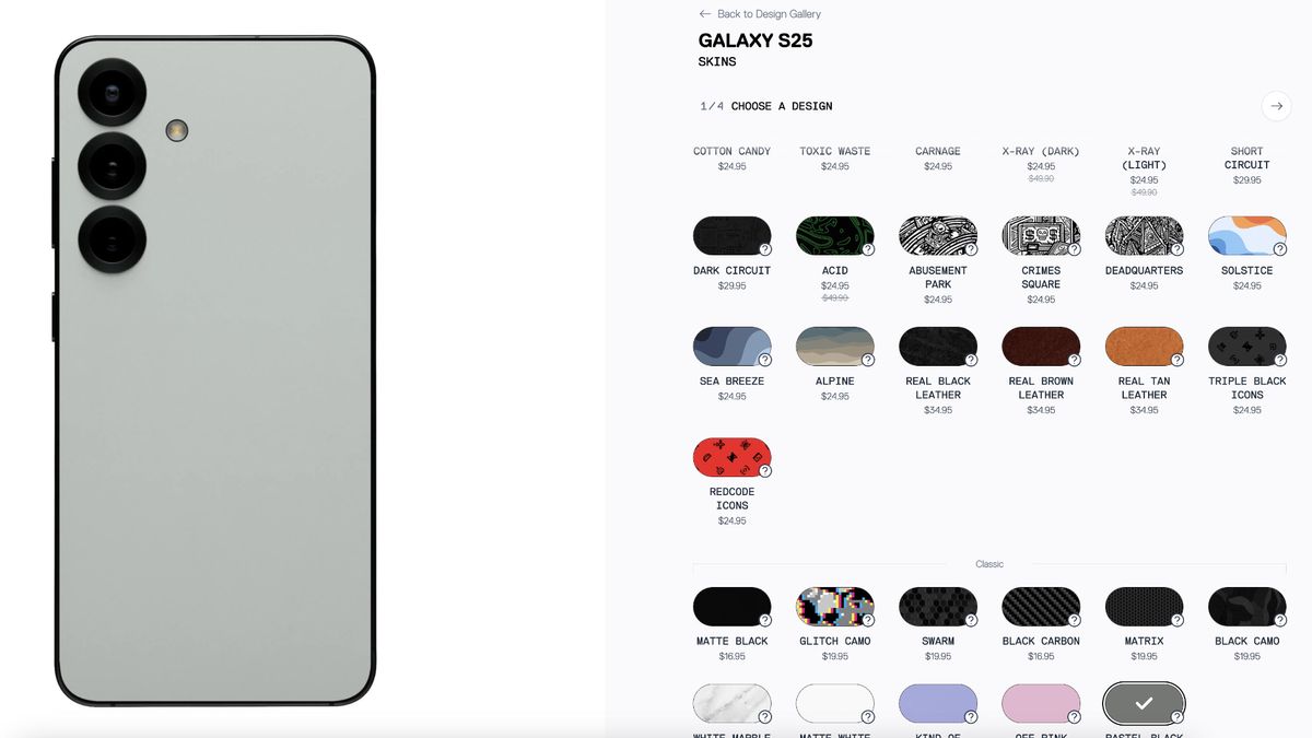 Samsung Galaxy S25 with "Pastel Black" Skin on Dbrand's website
