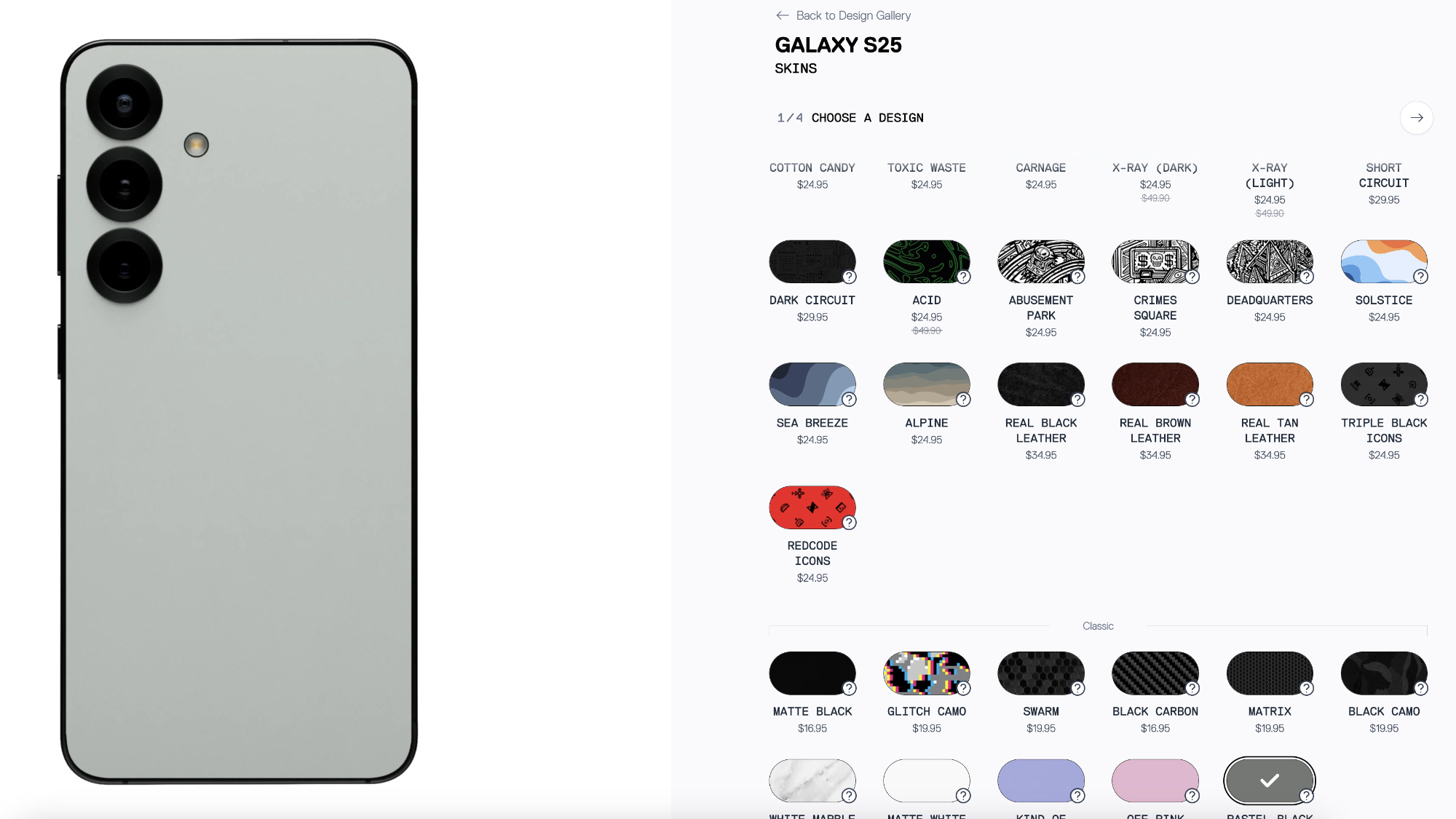 Samsung Galaxy S25 "light black" Skins on the Dbrand website