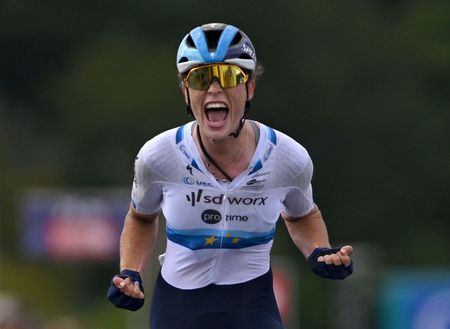 PLOUAY FRANCE AUGUST 24 Mischa Bredewold of The Netherlands and Team SD Worx Protime celebrates at finish line as race winner during the 24th GP de Plouay Lorient Agglomeration Trophee CERA 2024 a 158km one day race from Plouay to Plouay UCIWWT on August 24 2024 in Plouay France Photo by Luc ClaessenGetty Images