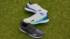 Three Skechers Golf shoes on grass