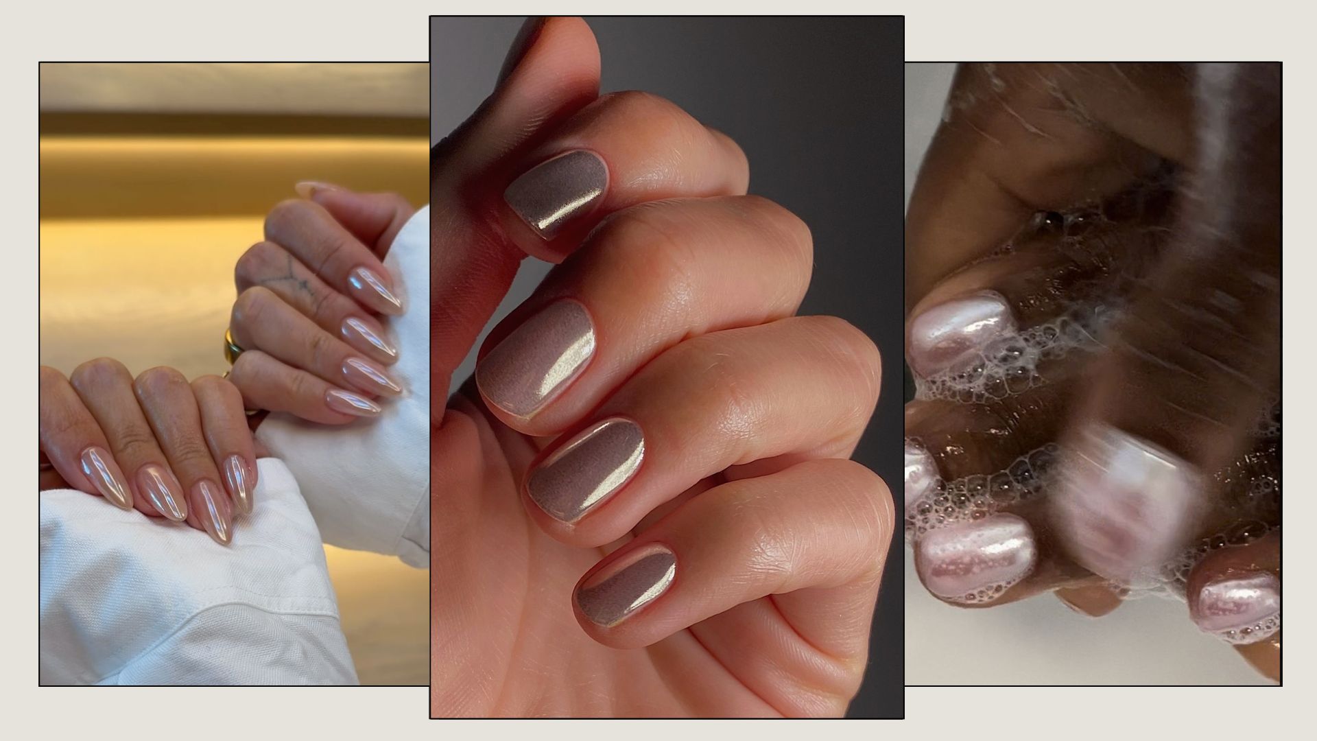 A collage of chrome glass nail designs