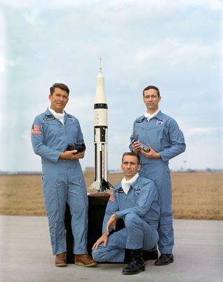 Apollo 7 crew members, left to right: Walter M. Schirra Jr., commander; Walter Cunningham, lunar module pilot; and Donn F. Eisele, command module pilot.