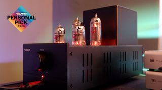 Drop + xDuoo TA-84 OTL Tube Amp/DAC on a desk with tubes lit up