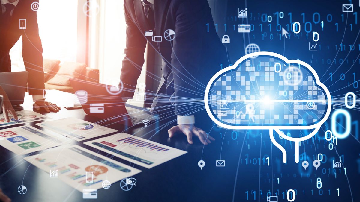 Two images side by side, one showing a boardroom and people crowded around a table covered in papers, and the second showing a digital cloud on a blue background