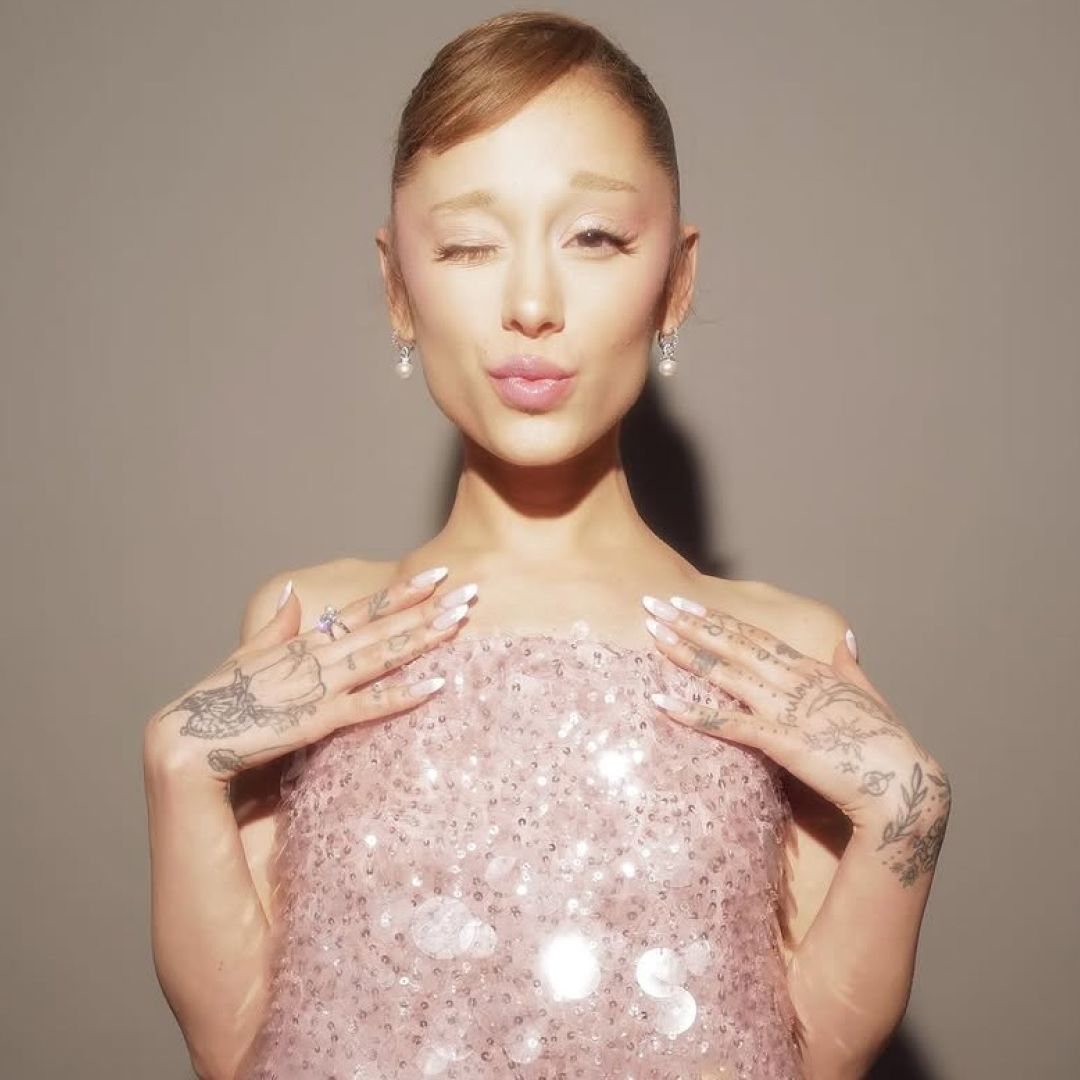 Ariana Grande wore a custom Balenciaga gown made of pink sequins on the Wicked: For Good press tour