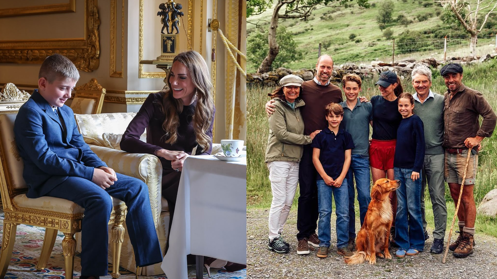 A split image of Princess Kate talking to a young boy at a tea party; Princess Kate and her family posing for a photo with James Middleton's dog during the Three Peaks Challenge