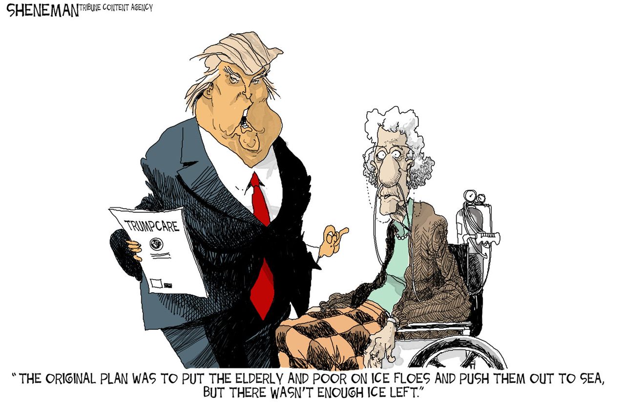 Political cartoon U.S. Trump healthcare elderly climate change