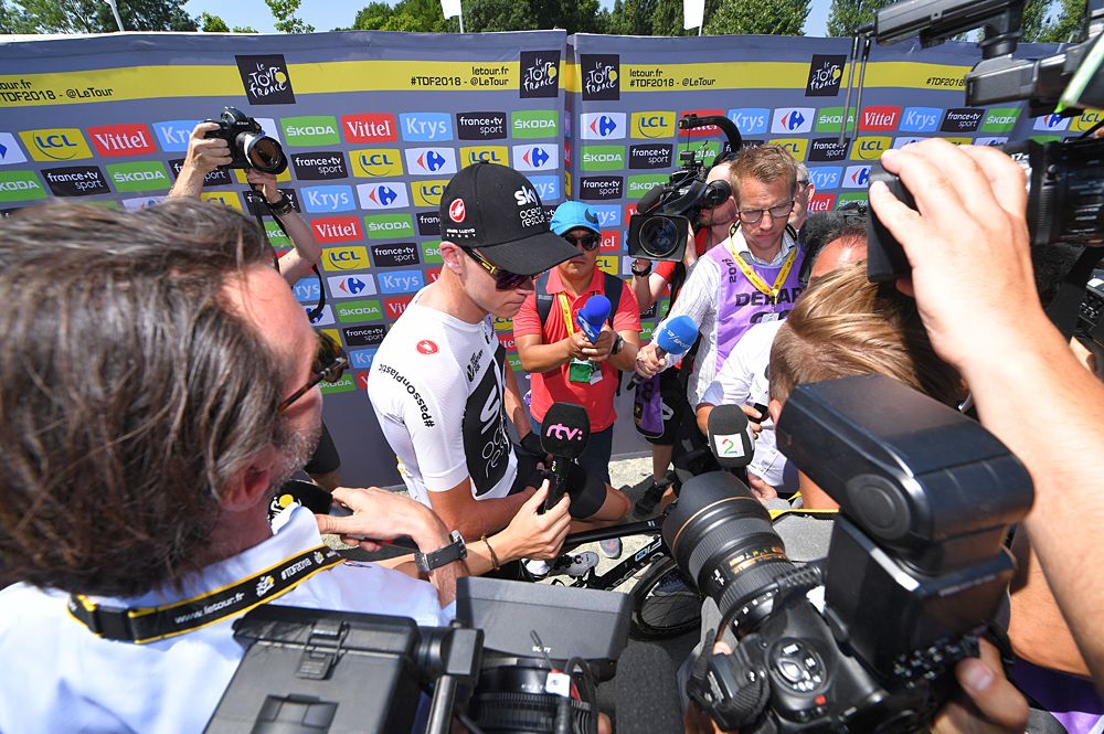 Chris Froome (Team Sky) speaks to the press at the start of stage 2 of the Tour de France