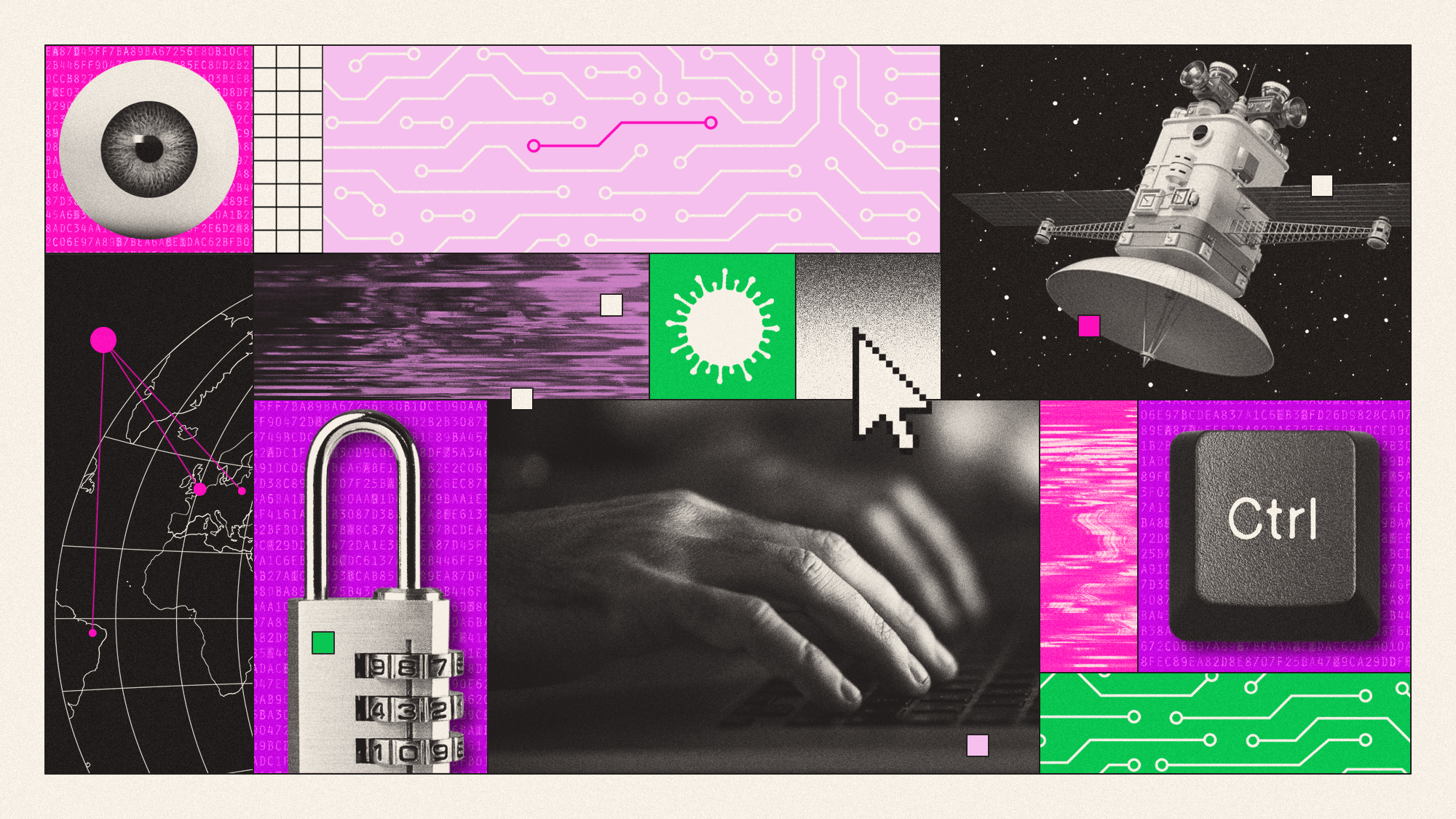 Photo composite illustration of a computer circuit board, military satellite, combination lock, keyboard and computer virus
