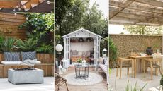 Three images of outdoor spaces with festoon lights and outdoor seating