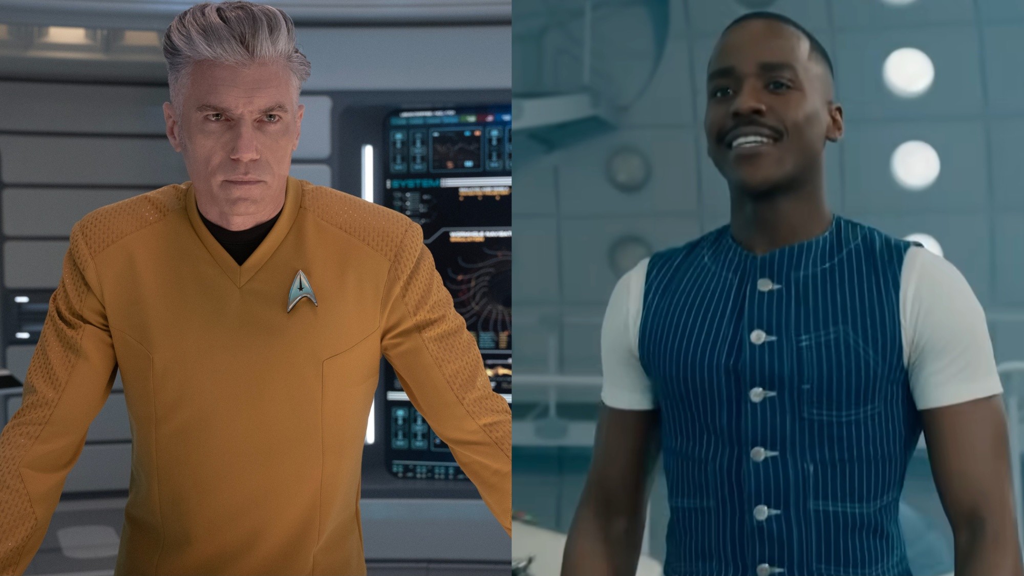 Captain Pike and The Doctor side-by-side split image. 