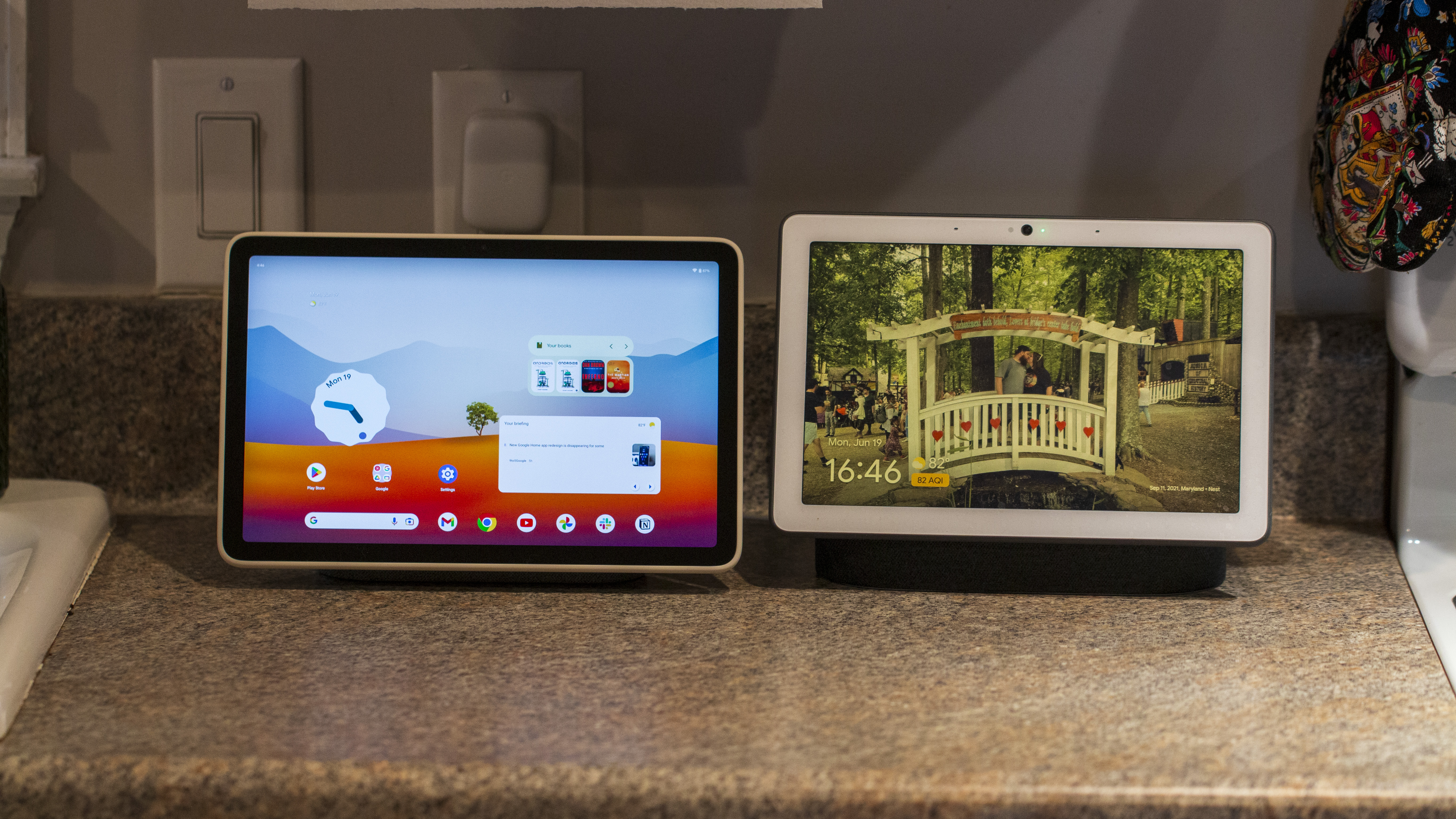 Nest Hub Max next to Pixel Tablet on countertop