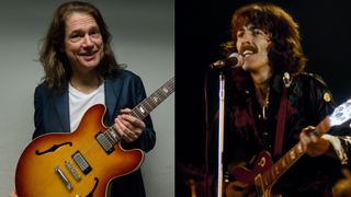 LEFT: Portrait of blues guitarist Robben Ford, Amsterdam, Netherlands, 21st April 2013. RIGHT: George Harrison performing at The Cow Palace in Daly City, California on November 7, 1974.