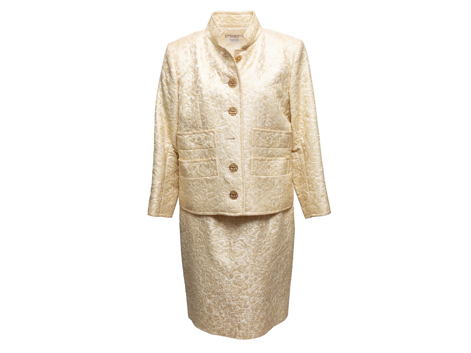 Vintage Gold &amp;amp; Cream Yves Saint Laurent Jacquard Skirt Suit Size Us S