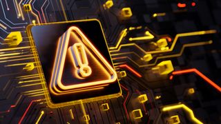 Glowing yellow warning triangle over abstract main cpu on circuit board with light trails as data streaming symbol 