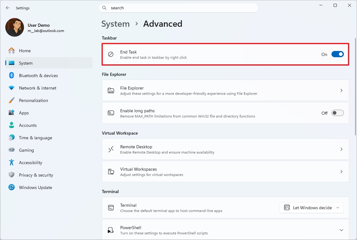 Enable End Task option