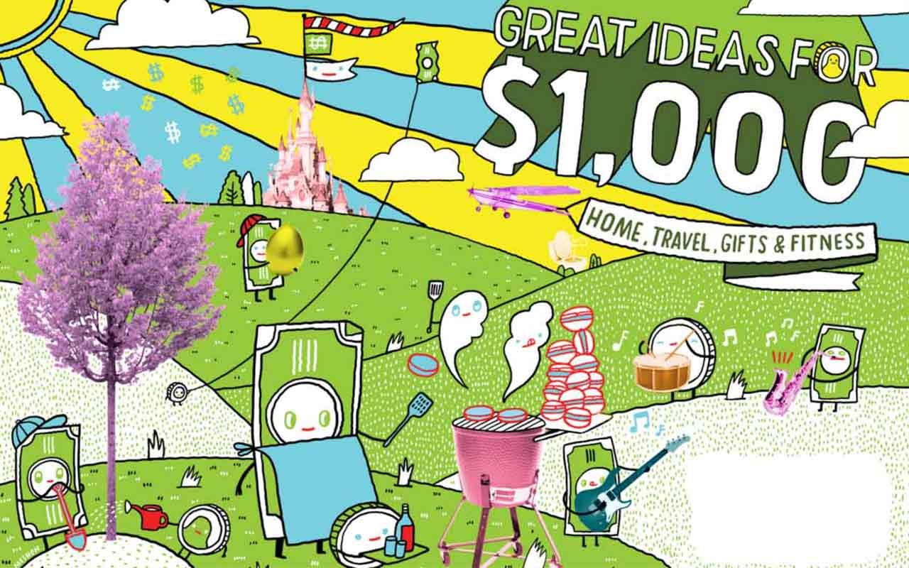 Illustration of Great Ideas for $1,000: Home, Travel, Gifts &amp;amp; Fitness