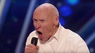 82-year-old man screaming into the microphone on America's Got Talent