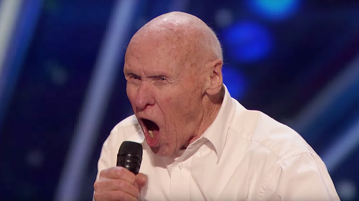 82-year-old man screaming into the microphone on America&#039;s Got Talent