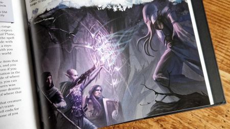 Dungeons & Dragons book open on a wooden table, showing an illustration of an elf using a mystic barrier to defend against a Mind Flayer's attack