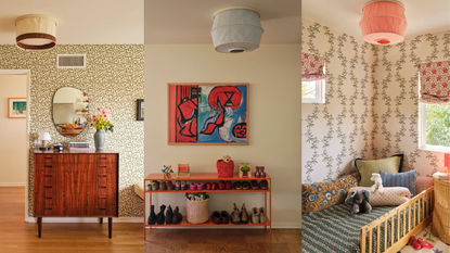 set of three rooms. The first features intricate floral wallpaper, a wooden cabinet, and flowers on top of the cabinet. The second features a red shoe rack filled with shoes and abstract artwork on the walls. The final is a child's bedroom with a small bed filled with pillows and stuffed animals 