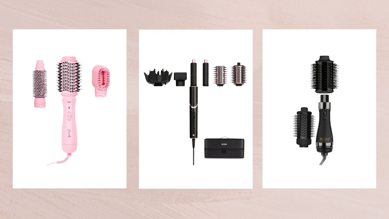 Collage of three of the best Dyson Airwrap alternatives featured in this guide from Mermade, Shark and Hot Tools, set against a dusky pink watercolour style background