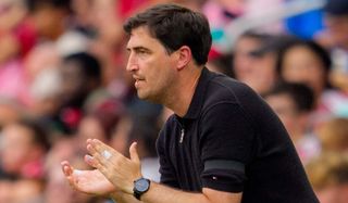 Andoni Iraola of Liverpool calls a play from the sideline during the pre-season friendly match between Liverpool FC and Sunderland AFC at GEODIS Park on July 25, 2026 in Nashville, Tennessee