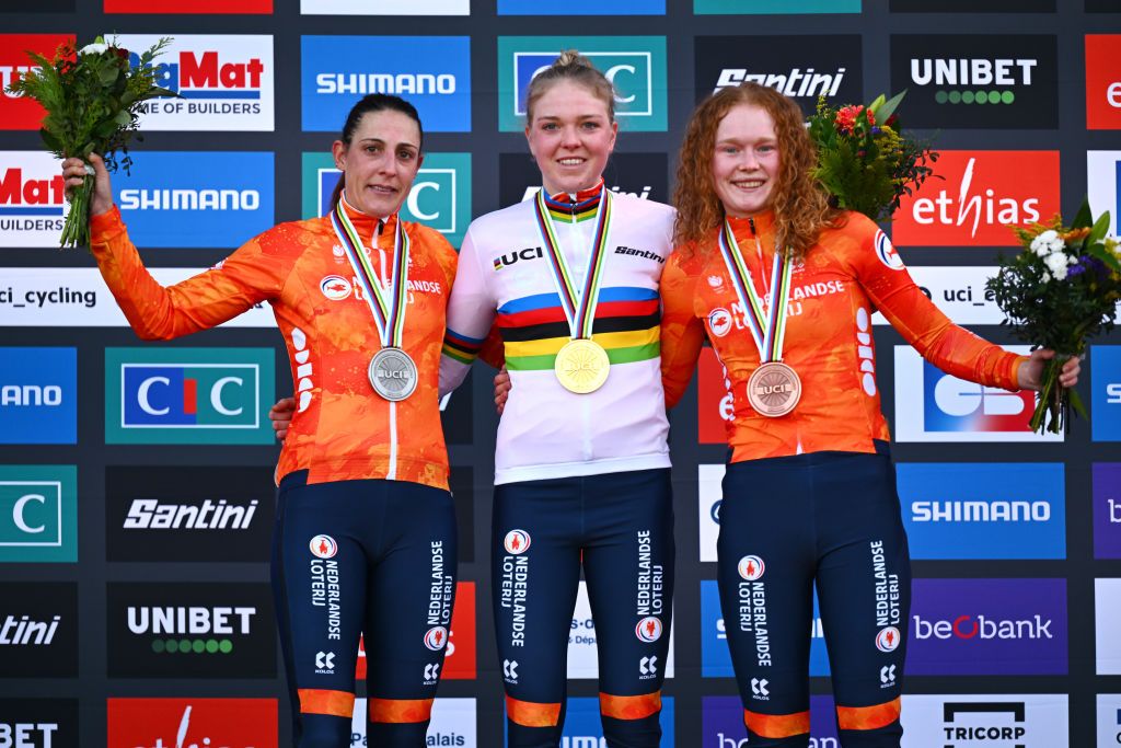 LIEVIN FRANCE FEBRUARY 01 Silver medalist Lucinda Brand of Netherlands gold medalist Fem Van Empel of Netherlands and bronze medalist Puck Pieterse of Netherlands pose on the podium during the medal ceremony after the 76th UCI CycloCross World Championships 2025 Womens Elite on February 01 2025 in Lievin France Photo by Luc ClaessenGetty Images