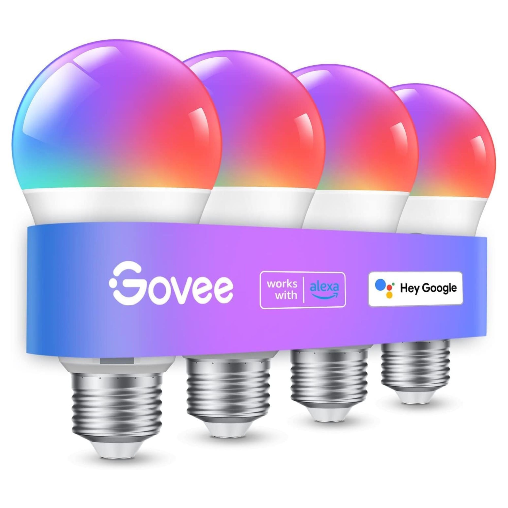 Four Govee Smart Light Bulbs with Alexa and Google logos against white background.