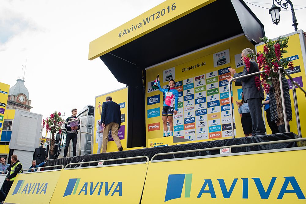 World Champion, Lizzie Armitstead makes her second of three appearances on the podium at Aviva Women's Tour 2016 - Stage 3. This time as the best British rider. Stage 3