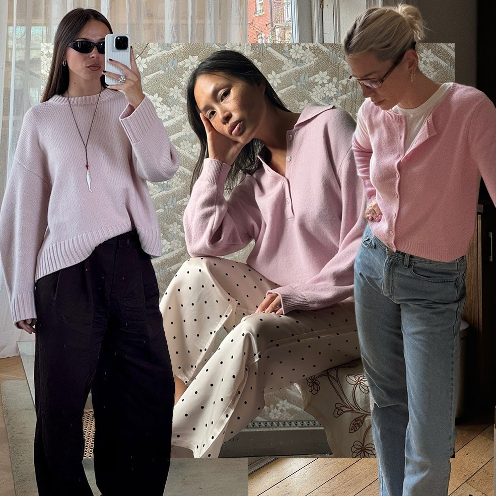 fashion collage of three influencers including Johanna Lager, Anne-Victoire Lefevre, and Lindsey Holland wearing chic pink sweater trend outfit ideas for 2026