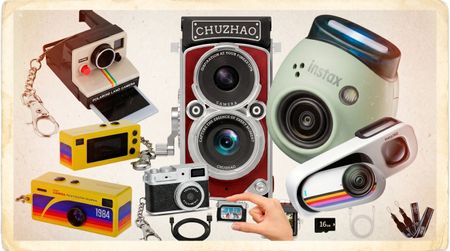 A collection of miniature cameras grouped together on a scrapbook-themed background