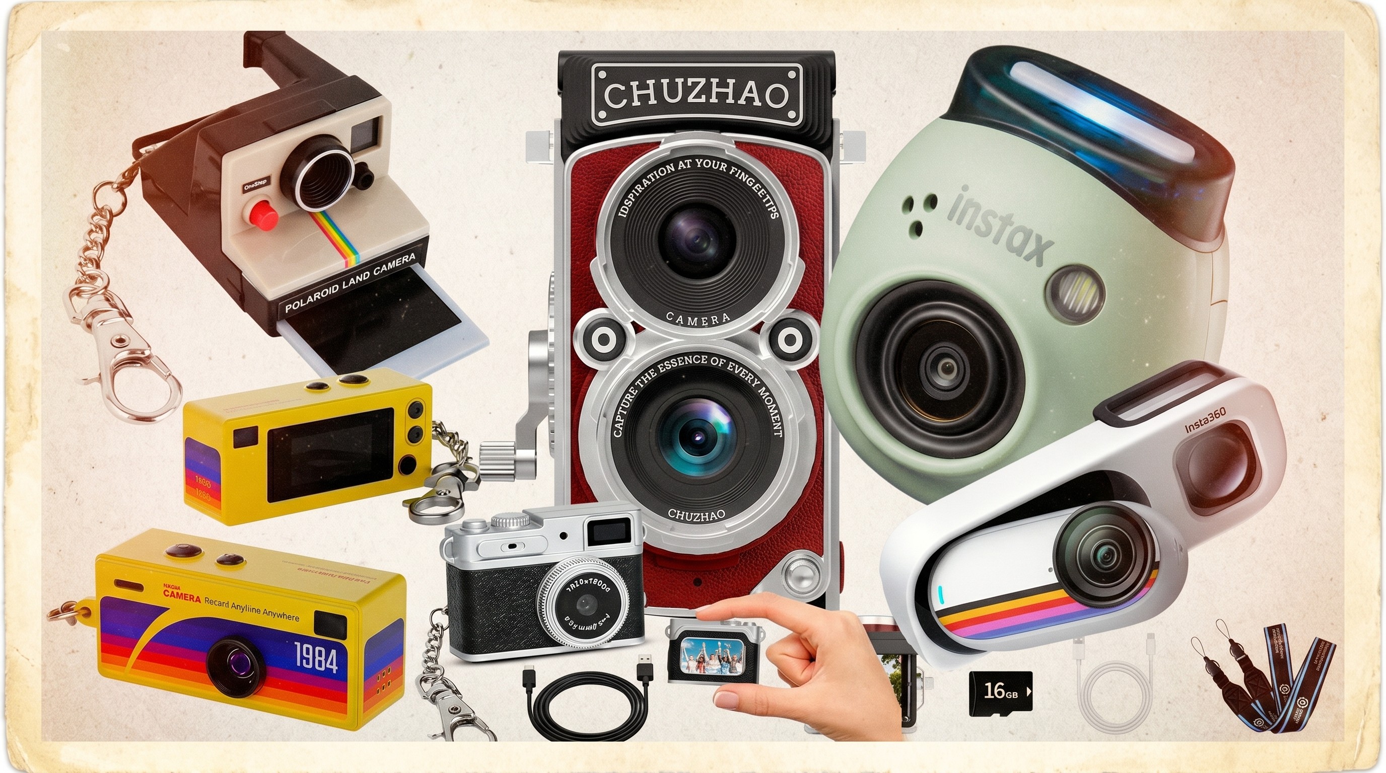 A collection of miniature cameras grouped together on a scrapbook-themed background
