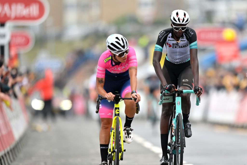 SOUTHEND ENGLAND OCTOBER 07 Teniel Campbell of Trinidad and Tobago and Team BikeExchange crosses the finishing line during the 7th The Womens Tour 2021 Stage 4 a 1178km stage from Shoeburyness to SouthendonSea thewomenstour UCIWWT on October 07 2021 in Southend England Photo by Justin SetterfieldGetty Images